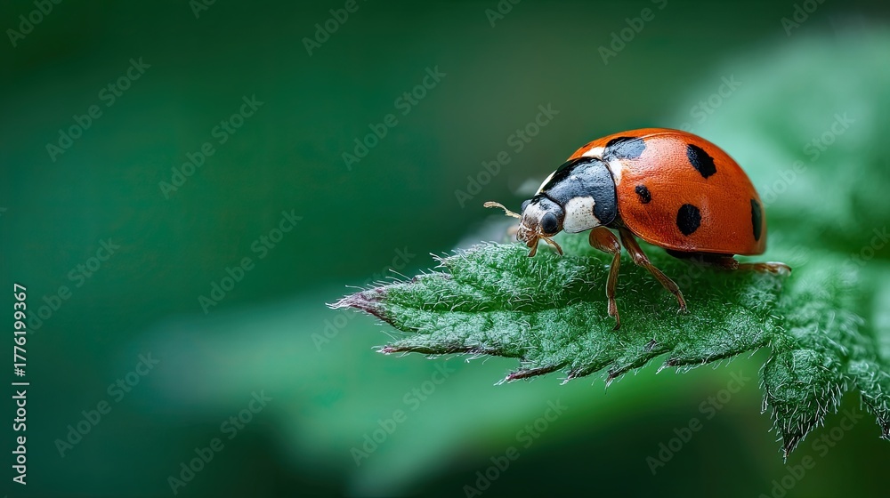 Naklejka premium A ladybug on a green leaf