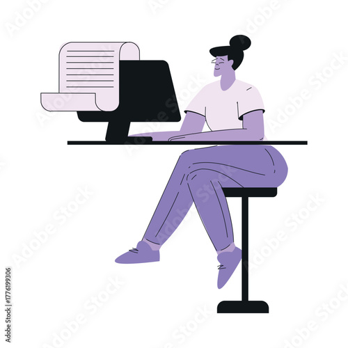 Woman Work with Text Editing and Writing Article Vector Illustration