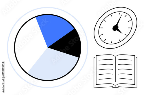 Pie chart with divided segments, clock with marked hours, and open book represent data analysis, time tracking, and learning. Ideal for productivity, education, planning, research analytics