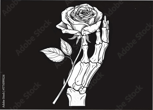 Skeleton Hand Holding a Rose on Black Background flower death