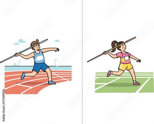 Male and female athletes preparing javelin throw on sports field, dynamic action illustration showing strength, competition, training, fitness, and athletic performance