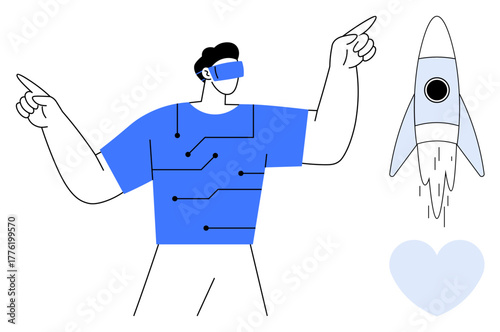 Person wearing VR goggles and pointing, standing near a rocket. Ideal for technology, innovation, virtual reality, gaming, education, creativity and futuristic design metaphor. A simple flat