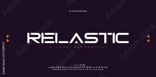 Tech font, digital alphabet, thin Latin letters A, B, C, D, E, F, G, H, I, J, K, L, M, N, O, P, Q, R, S, T, U, V, W, X, Y, Z and Arab numerals 0, 1, 2, 3, 4, 5, 6, 7, 8, 9 made in design cyber future