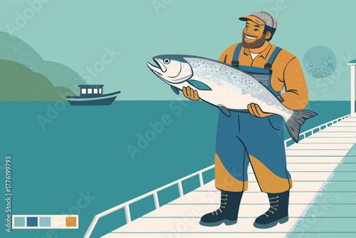 A triumphant fisherman, weathered hands gripping a massive, glistening catch, beaming with pride.