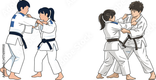 Male and female martial artists practicing judo techniques in traditional judogi uniform, training together, combat sport, discipline, strength, balance, teamwork illustration