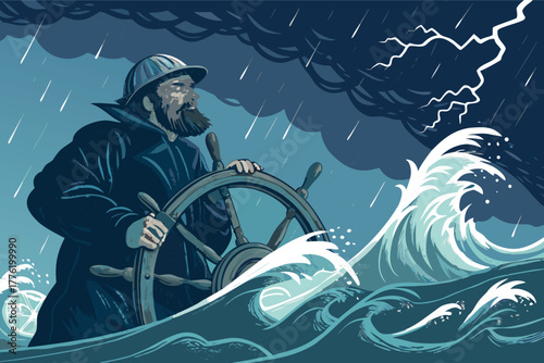 A lone fisherman bravely steers his vessel through treacherous, tempestuous waves, facing the storm's fury.