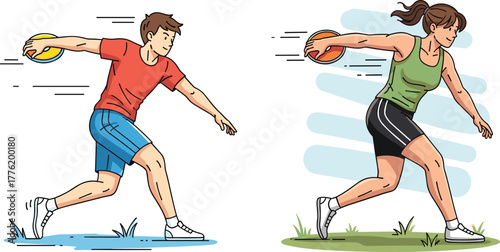 Man and woman throwing frisbee in dynamic outdoor action, colorful sports illustration showing energy, fitness, recreation, teamwork, competition, and fun
