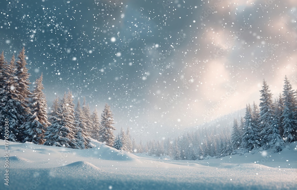 Fototapeta premium Snowy Winter Landscape with Pine Trees and Falling Snow