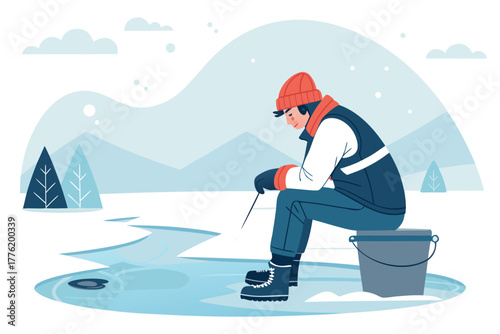 Man ice fishing, bucket seat, serene frozen lake landscape, calm winter day, bundled up.