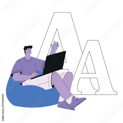 Man Work with Text on Laptop Editing and Writing Article Vector Illustration
