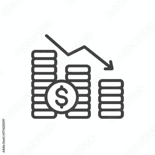 Economic downturn and financial loss concept icon showing declining money stacks with a downward trend arrow, representing recession or budget cuts in a business context