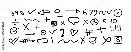 Hand-Drawn Doodle Numbers and Math Symbols Vector Set, Educational, Sketch, Arithmetic Elements