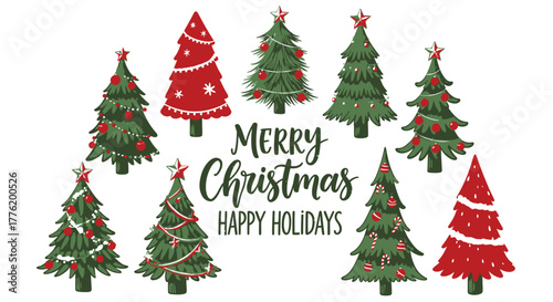 Festive illustration featuring multiple decorated Christmas trees with holiday greetings.