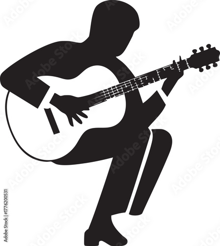 Silhouette of a musician passionately playing an acoustic guitar