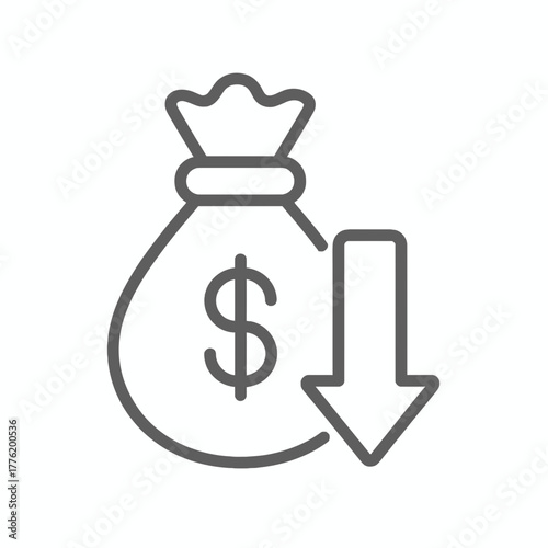 Modern outline icon of a money bag with a downward arrow symbolizing financial decrease, cost reduction, or budget cuts and expenses, representing economic challenges