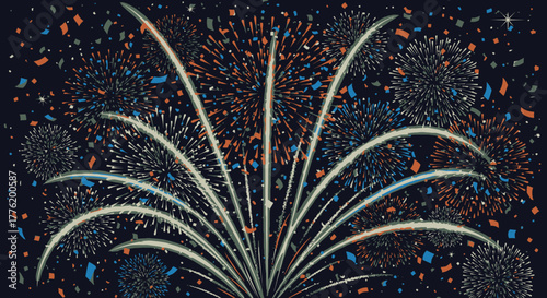 Vibrant and colorful fireworks display with confetti exploding against a dark night sky during a celebration.