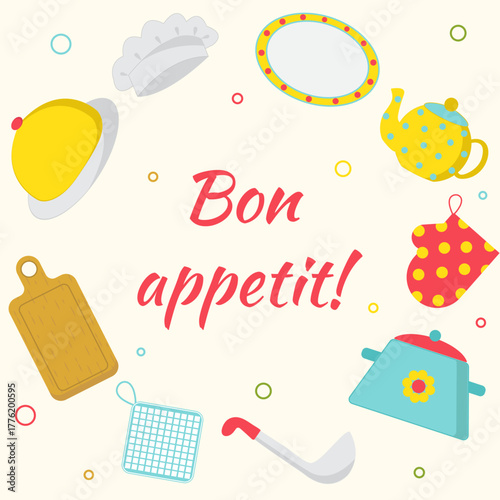 Bon appétit, Tableware, chef's hat, saucepan, teapot, plate, dish, ladle, mitten, potholder, napkin, kitchen, food, wooden cutting board