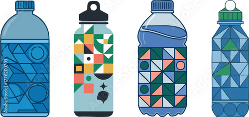 Four colorful water bottles with unique geometric designs are illustrated