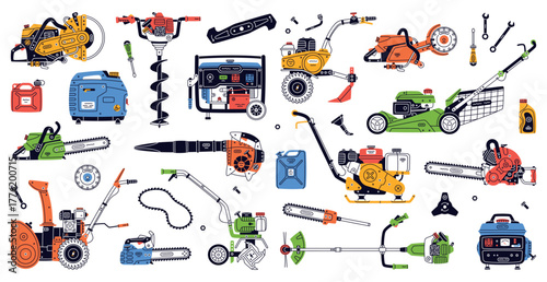 Petrol Hand Tools and Equipment for Repair Work Vector Set