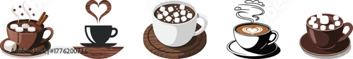 Various hot beverages including coffee hot chocolate and cappuccino illustrations