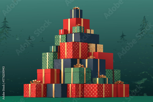 Christmas present mountain pile stacked like pyra.