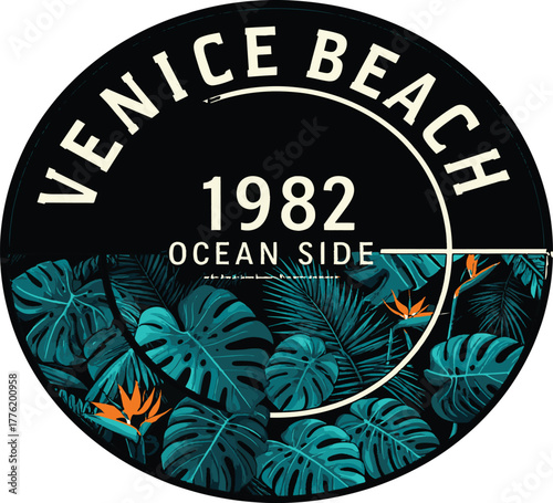 Retro circular badge with tropical monstera leaves and bird of paradise flowers, celebrating a vintage oceanside aesthetic