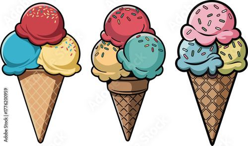 Colorful ice cream cones with multiple scoops a delightful summer treat