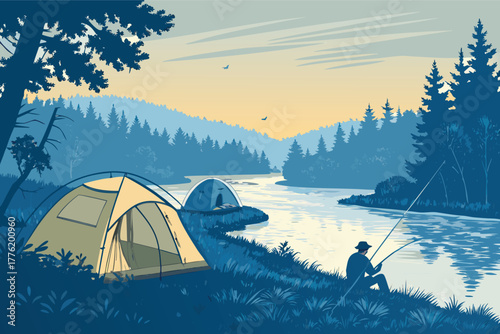 Serene dawn fishing camp, canvas tents pitched beside a flowing river, mist rising, tranquil campsite awakening.