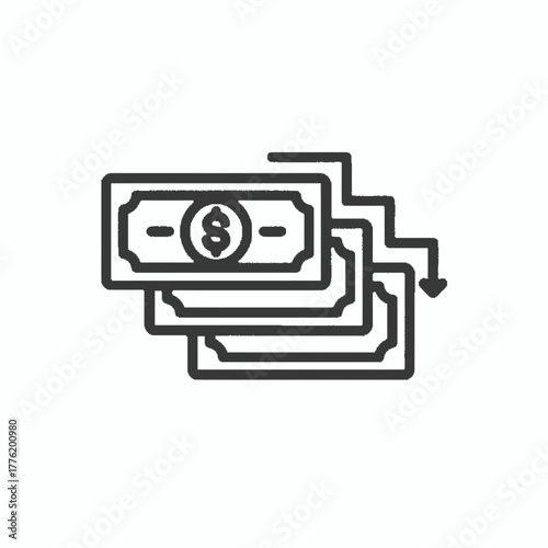 Dynamic money flow icon illustrating financial transactions, expense management, or decreasing income, perfect for business and personal finance applications and digital platforms