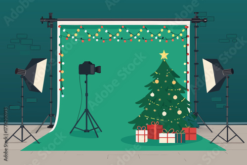 Christmas photo studio with camera lights and green backdrop.