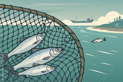 A meticulously detailed flat lay image showcasing a full fishing net overflowing with shimmering silver fish, resting on a sandy shore.