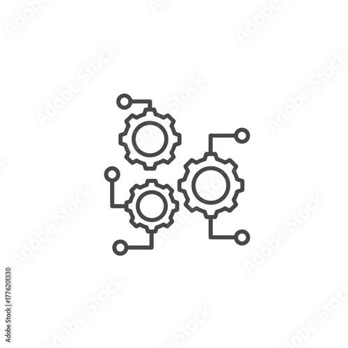 Modern interconnected gears and network lines icon, symbolizing intricate system processes, automation, and technological solutions for seamless operation and collaboration