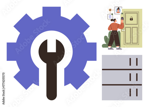 Large gear with a wrench icon, person managing digital access interface, and server rack. Ideal for technology, repair, security, IT management, system updates, data protection simple flat metaphor