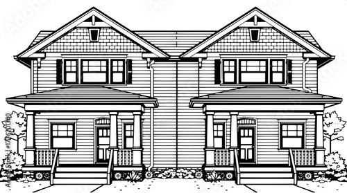 Classic Craftsman Duplex — A symmetrical black and white drawing of a Craftsman-style duplex, with low-pitched gable roofs, twin front porches with thick columns, and evenly spaced windows; rendered i