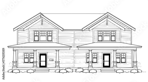 Classic Craftsman Duplex — A symmetrical black and white drawing of a Craftsman-style duplex, with low-pitched gable roofs, twin front porches with thick columns, and evenly spaced windows; rendered i