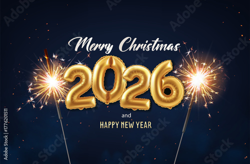 3d realistic vector illustration. 2026 new year and Christmas celebration banner with sparkly fireworks sticks and golden ballon numbers 2026 on dark background.