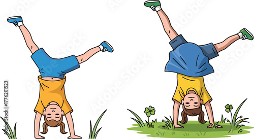 Playful children doing handstand outdoors and indoors, wearing colorful clothes, showcasing fun childhood activity, fitness, balance, energy, and healthy lifestyle illustration