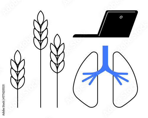Wheat spikes, a laptop, and lungs represent agriculture, digital advancements, and health. Ideal for technology, biology, sustainability innovation farming health education. A simple flat