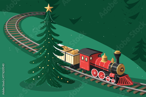 A Christmas train set circles a decorated tree.
