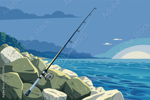 A weathered fishing rod rests against sun-drenched, sea-battered rocks, a tranquil scene hinting at peaceful days spent angling by the ocean's edge, capturing the essence of a solitary pursuit.