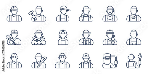 Collection of diverse worker icons in a grid, featuring construction workers, welders, and other tradespeople with tools, isolated on a