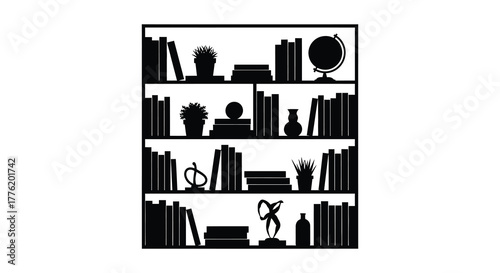 Silhouette of a bookshelf filled with books plants and decorative objects against a white background