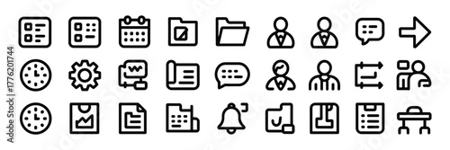 Set of business and office icons, featuring calendar, folder, clock, and document