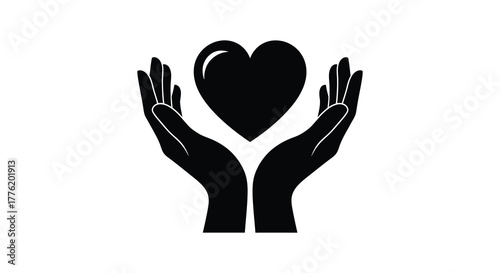 Black silhouette of two open hands gently cupping a shining heart symbol against a white background