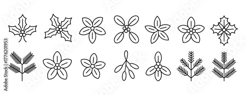 Set of decorative floral and leaf motifs in a line art style