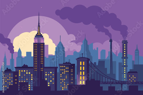 City nightscape with glowing lights.