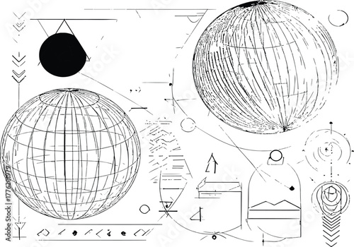 White abstract blueprint with spheres geometric shapes and scientific diagrams Keywords: abstract, white, blueprint