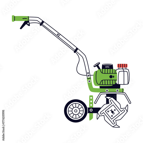Tiller or Field Cultivator as Petrol Hand Tool and Equipment for Repair Work Vector Illustration