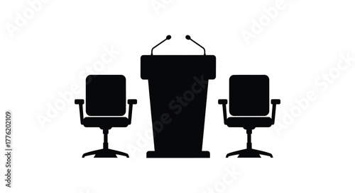 Silhouette of a podium with microphones flanked by two empty chairs representing debate or presentation setup
