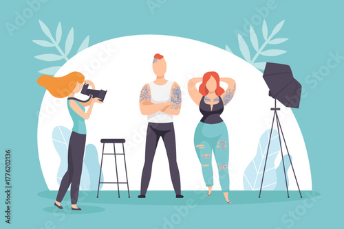 Woman Photographer with Camera Take Photo of Man and Woman in Studio Vector Illustration